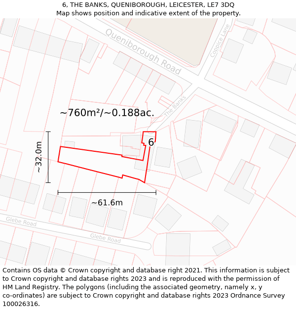 6, THE BANKS, QUENIBOROUGH, LEICESTER, LE7 3DQ: Plot and title map