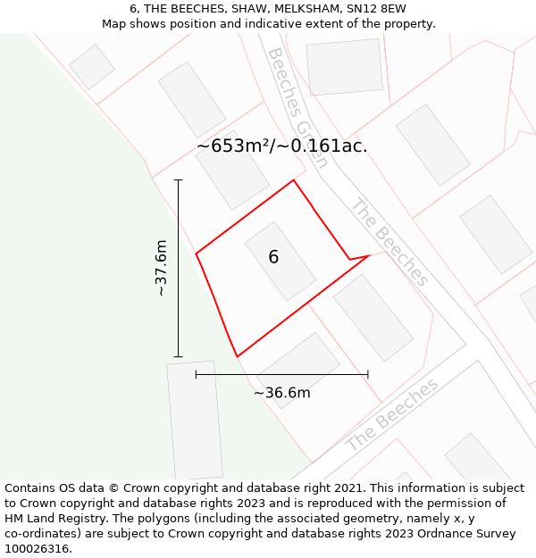 6, THE BEECHES, SHAW, MELKSHAM, SN12 8EW: Plot and title map