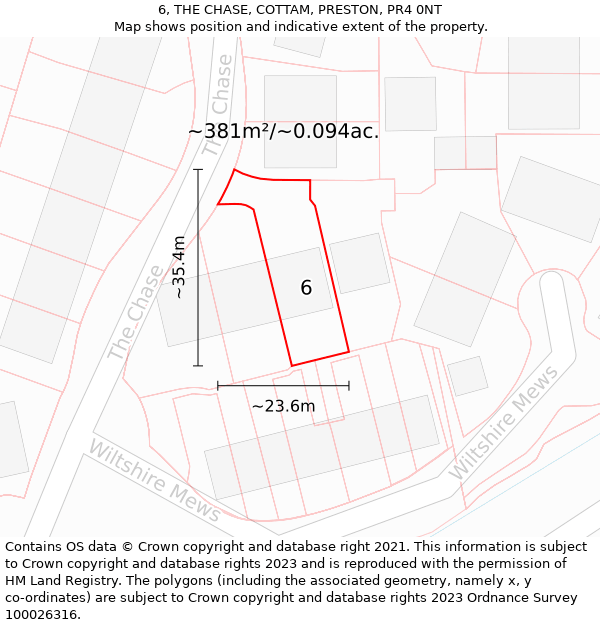 6, THE CHASE, COTTAM, PRESTON, PR4 0NT: Plot and title map