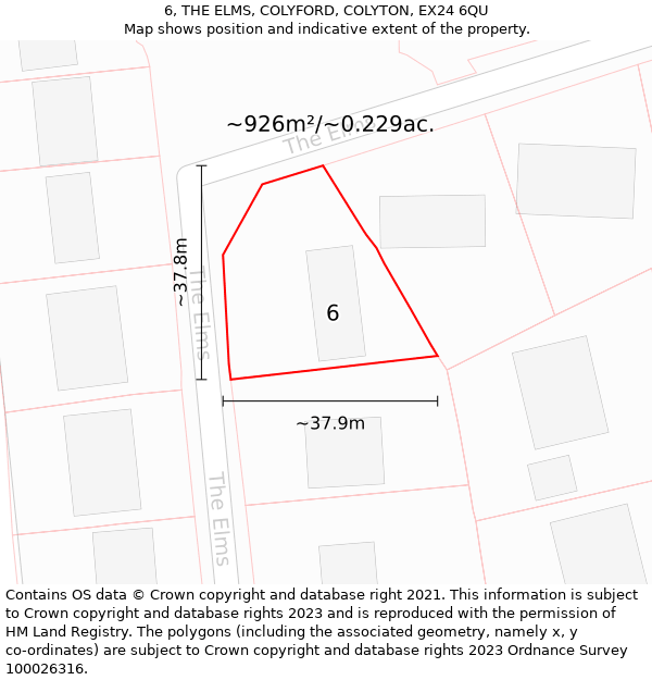 6, THE ELMS, COLYFORD, COLYTON, EX24 6QU: Plot and title map