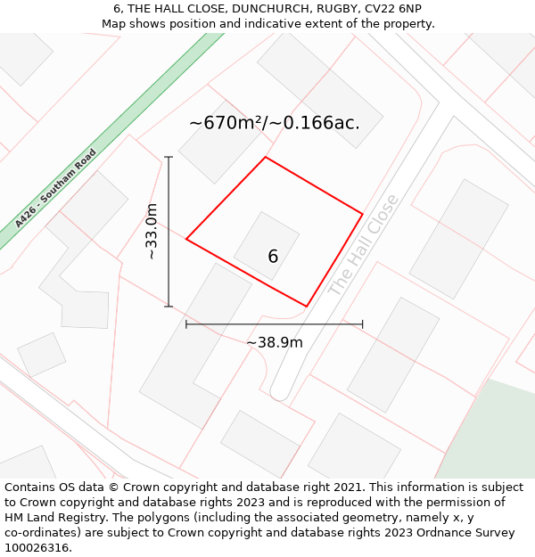 6, THE HALL CLOSE, DUNCHURCH, RUGBY, CV22 6NP: Plot and title map