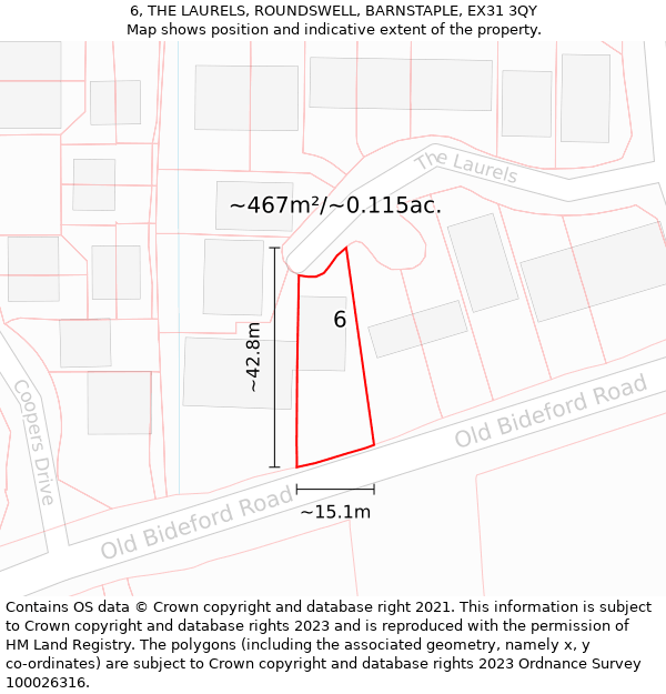 6, THE LAURELS, ROUNDSWELL, BARNSTAPLE, EX31 3QY: Plot and title map