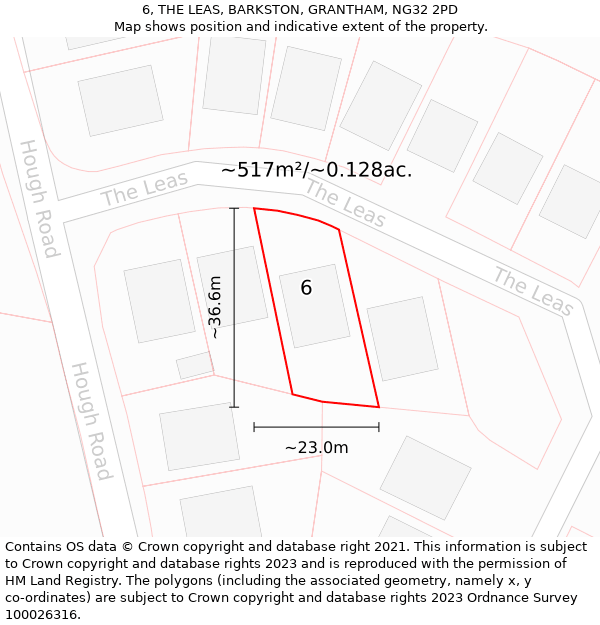 6, THE LEAS, BARKSTON, GRANTHAM, NG32 2PD: Plot and title map