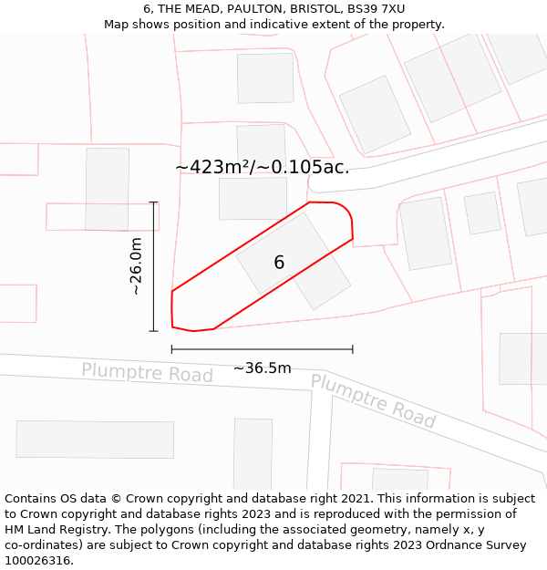 6, THE MEAD, PAULTON, BRISTOL, BS39 7XU: Plot and title map