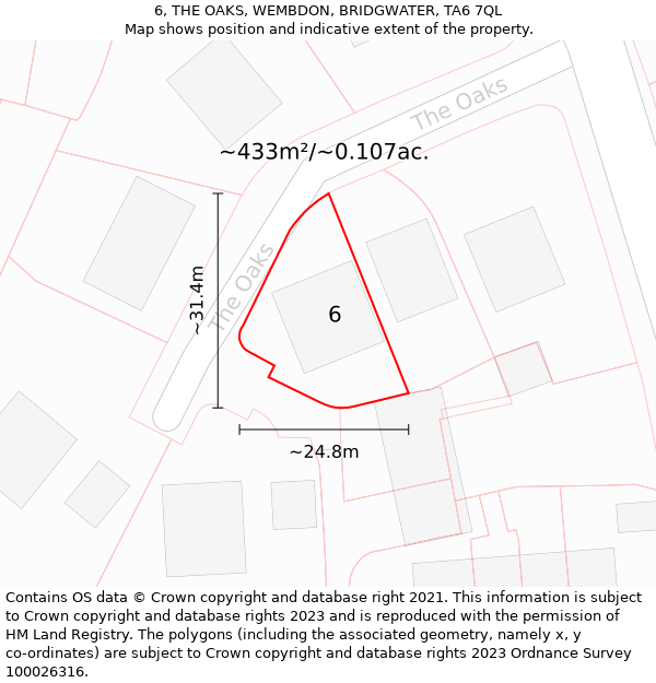 6, THE OAKS, WEMBDON, BRIDGWATER, TA6 7QL: Plot and title map