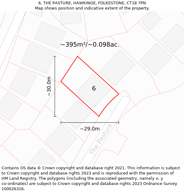 6, THE PASTURE, HAWKINGE, FOLKESTONE, CT18 7PN: Plot and title map