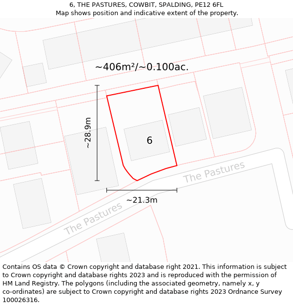 6, THE PASTURES, COWBIT, SPALDING, PE12 6FL: Plot and title map