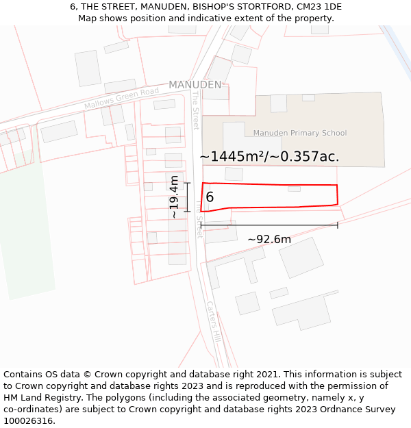 6, THE STREET, MANUDEN, BISHOP'S STORTFORD, CM23 1DE: Plot and title map