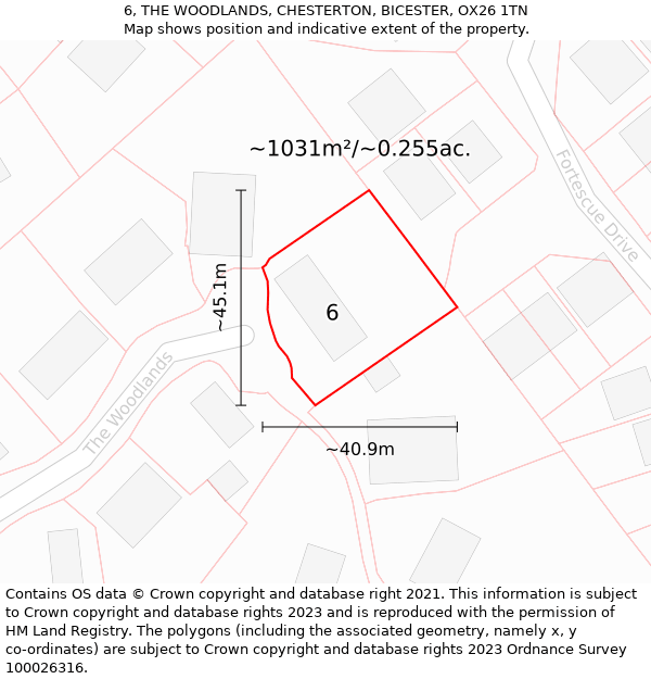 6, THE WOODLANDS, CHESTERTON, BICESTER, OX26 1TN: Plot and title map