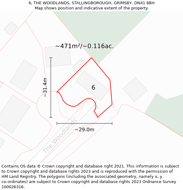 6, THE WOODLANDS, STALLINGBOROUGH, GRIMSBY, DN41 8BH: Plot and title map