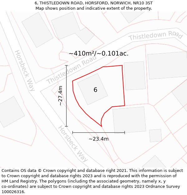 6, THISTLEDOWN ROAD, HORSFORD, NORWICH, NR10 3ST: Plot and title map