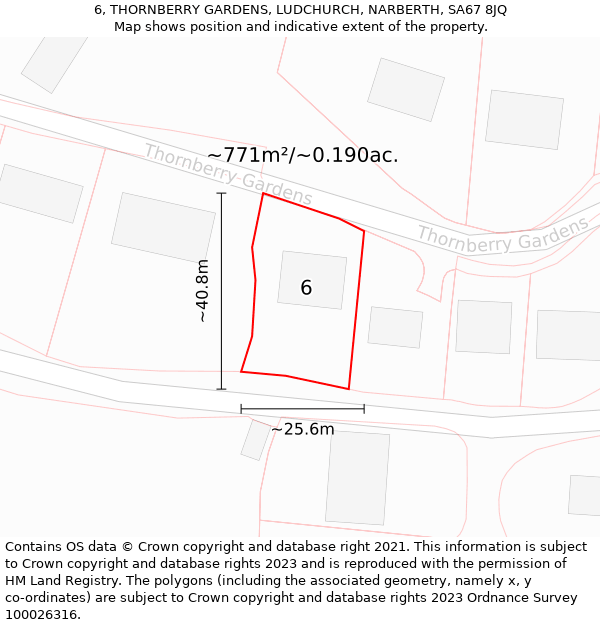 6, THORNBERRY GARDENS, LUDCHURCH, NARBERTH, SA67 8JQ: Plot and title map