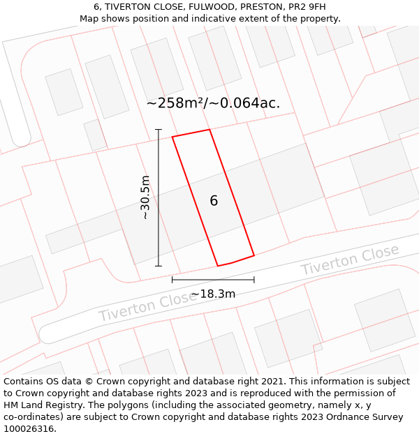 6, TIVERTON CLOSE, FULWOOD, PRESTON, PR2 9FH: Plot and title map
