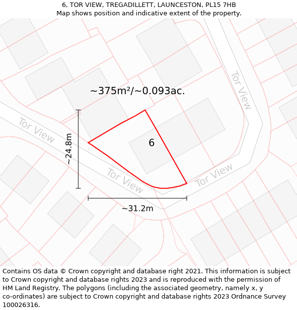 6, TOR VIEW, TREGADILLETT, LAUNCESTON, PL15 7HB: Plot and title map