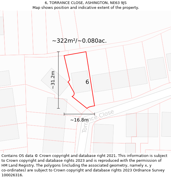 6, TORRANCE CLOSE, ASHINGTON, NE63 9JS: Plot and title map