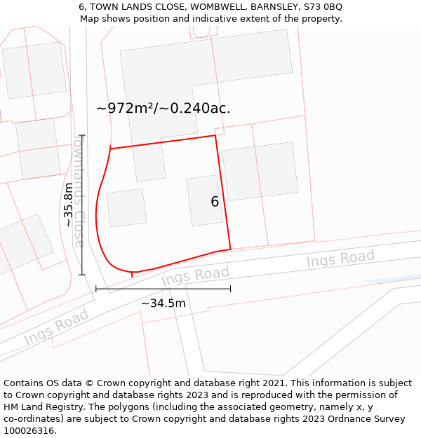 6, TOWN LANDS CLOSE, WOMBWELL, BARNSLEY, S73 0BQ: Plot and title map