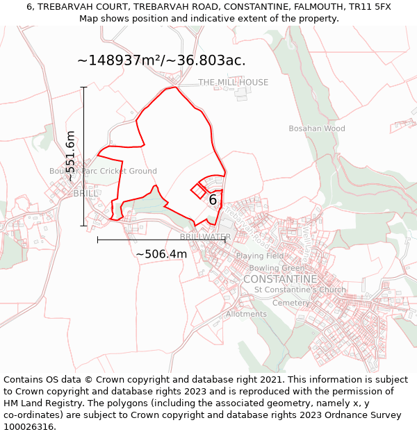 6, TREBARVAH COURT, TREBARVAH ROAD, CONSTANTINE, FALMOUTH, TR11 5FX: Plot and title map