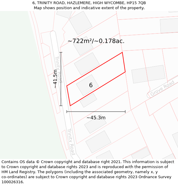 6, TRINITY ROAD, HAZLEMERE, HIGH WYCOMBE, HP15 7QB: Plot and title map