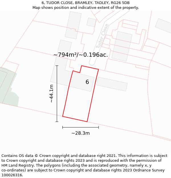 6, TUDOR CLOSE, BRAMLEY, TADLEY, RG26 5DB: Plot and title map