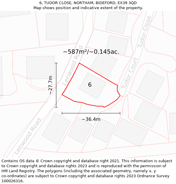 6, TUDOR CLOSE, NORTHAM, BIDEFORD, EX39 3QD: Plot and title map