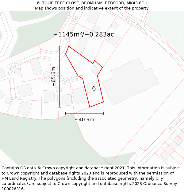 6, TULIP TREE CLOSE, BROMHAM, BEDFORD, MK43 8GH: Plot and title map