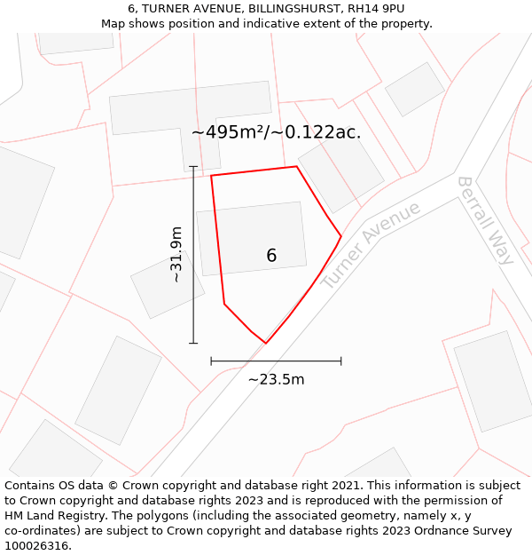 6, TURNER AVENUE, BILLINGSHURST, RH14 9PU: Plot and title map