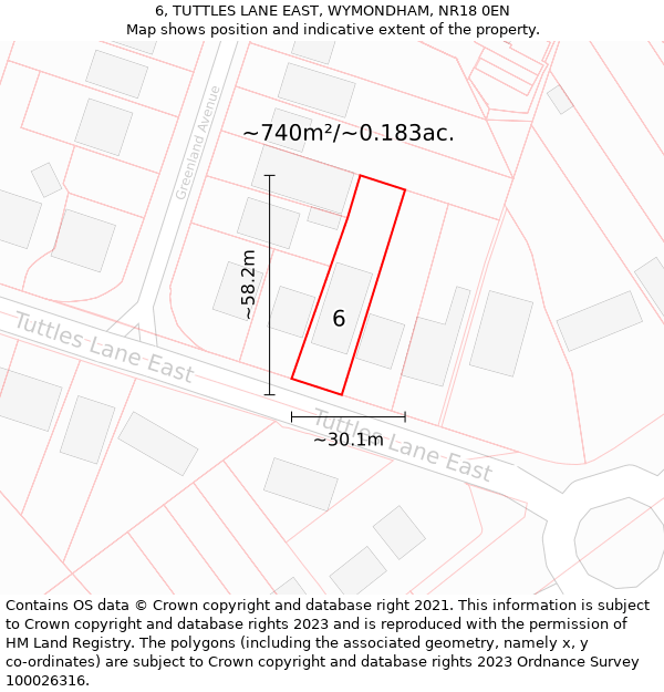 6, TUTTLES LANE EAST, WYMONDHAM, NR18 0EN: Plot and title map