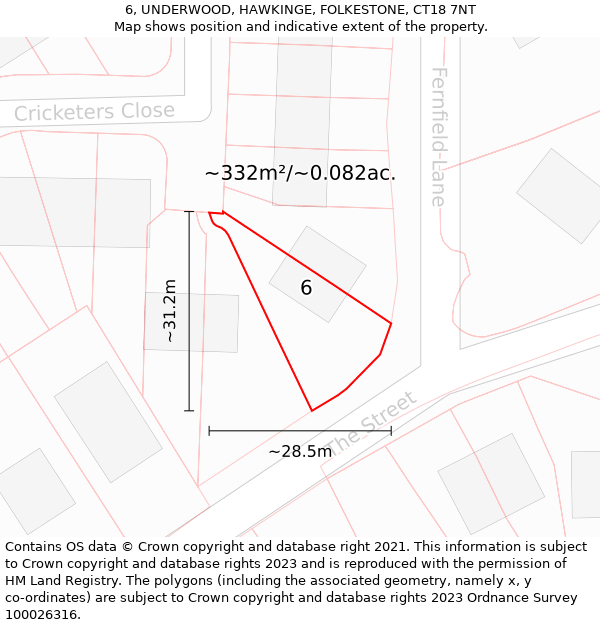 6, UNDERWOOD, HAWKINGE, FOLKESTONE, CT18 7NT: Plot and title map