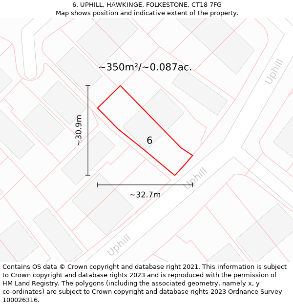 6, UPHILL, HAWKINGE, FOLKESTONE, CT18 7FG: Plot and title map