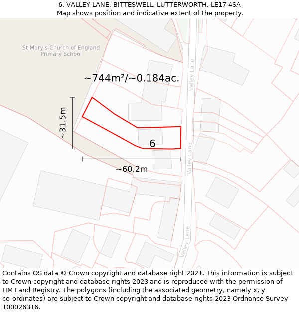 6, VALLEY LANE, BITTESWELL, LUTTERWORTH, LE17 4SA: Plot and title map