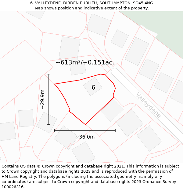 6, VALLEYDENE, DIBDEN PURLIEU, SOUTHAMPTON, SO45 4NG: Plot and title map