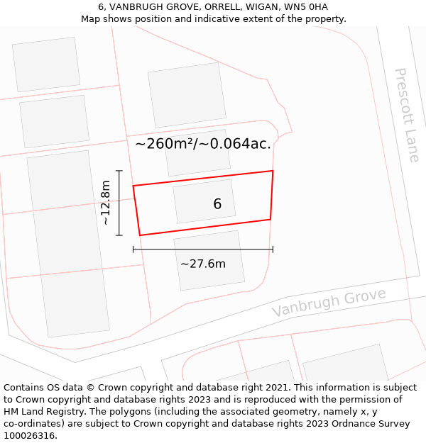 6, VANBRUGH GROVE, ORRELL, WIGAN, WN5 0HA: Plot and title map