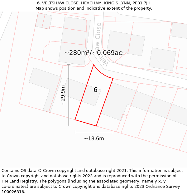 6, VELTSHAW CLOSE, HEACHAM, KING'S LYNN, PE31 7JH: Plot and title map