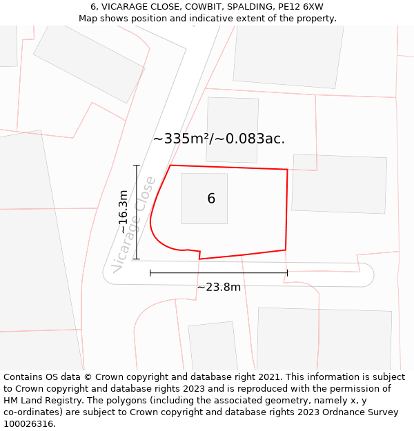 6, VICARAGE CLOSE, COWBIT, SPALDING, PE12 6XW: Plot and title map