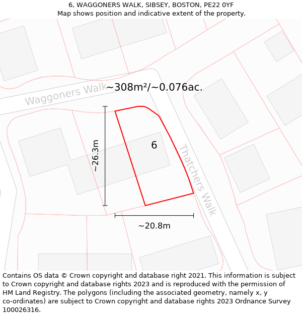 6, WAGGONERS WALK, SIBSEY, BOSTON, PE22 0YF: Plot and title map