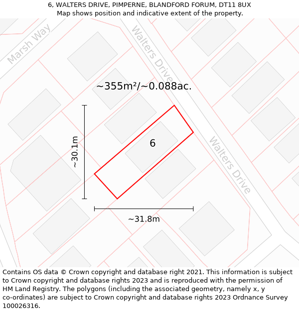 6, WALTERS DRIVE, PIMPERNE, BLANDFORD FORUM, DT11 8UX: Plot and title map