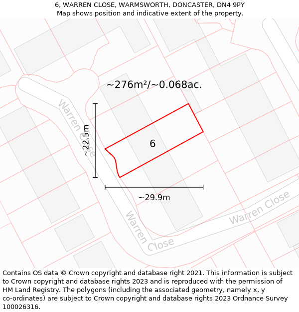 6, WARREN CLOSE, WARMSWORTH, DONCASTER, DN4 9PY: Plot and title map