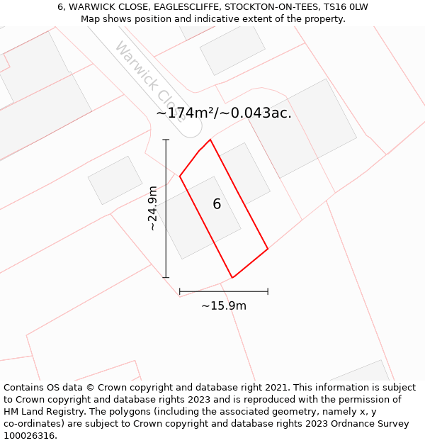 6, WARWICK CLOSE, EAGLESCLIFFE, STOCKTON-ON-TEES, TS16 0LW: Plot and title map