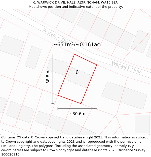 6, WARWICK DRIVE, HALE, ALTRINCHAM, WA15 9EA: Plot and title map