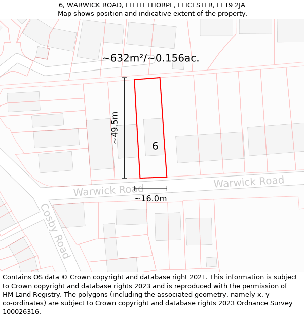 6, WARWICK ROAD, LITTLETHORPE, LEICESTER, LE19 2JA: Plot and title map