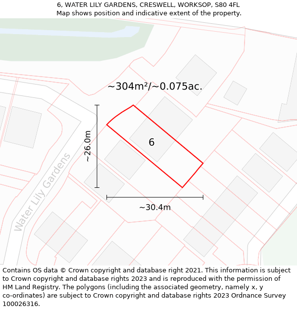 6, WATER LILY GARDENS, CRESWELL, WORKSOP, S80 4FL: Plot and title map