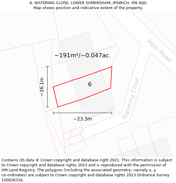 6, WATERING CLOSE, LOWER SOMERSHAM, IPSWICH, IP8 4QG: Plot and title map