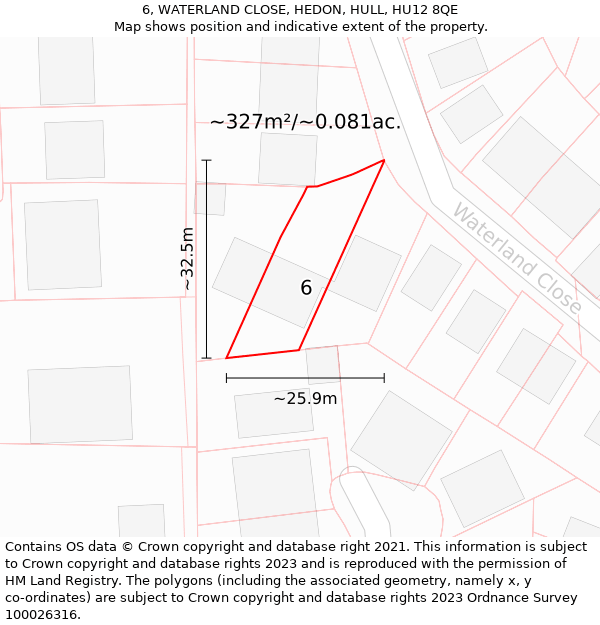 6, WATERLAND CLOSE, HEDON, HULL, HU12 8QE: Plot and title map