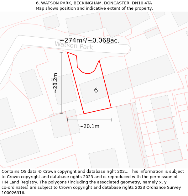 6, WATSON PARK, BECKINGHAM, DONCASTER, DN10 4TA: Plot and title map