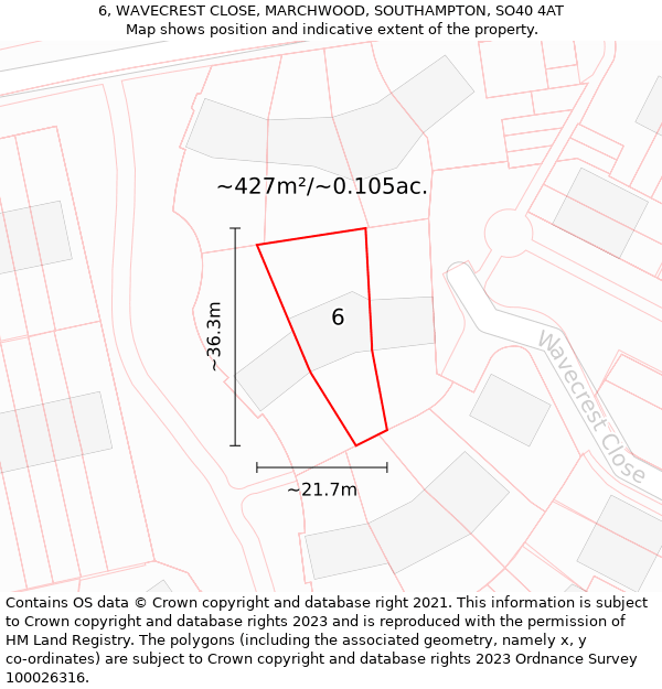 6, WAVECREST CLOSE, MARCHWOOD, SOUTHAMPTON, SO40 4AT: Plot and title map