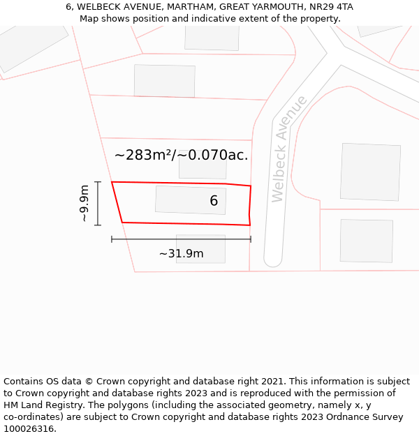 6, WELBECK AVENUE, MARTHAM, GREAT YARMOUTH, NR29 4TA: Plot and title map