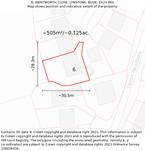 6, WENTWORTH CLOSE, LYNSTONE, BUDE, EX23 0RA: Plot and title map