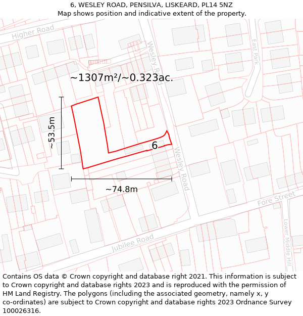 6, WESLEY ROAD, PENSILVA, LISKEARD, PL14 5NZ: Plot and title map