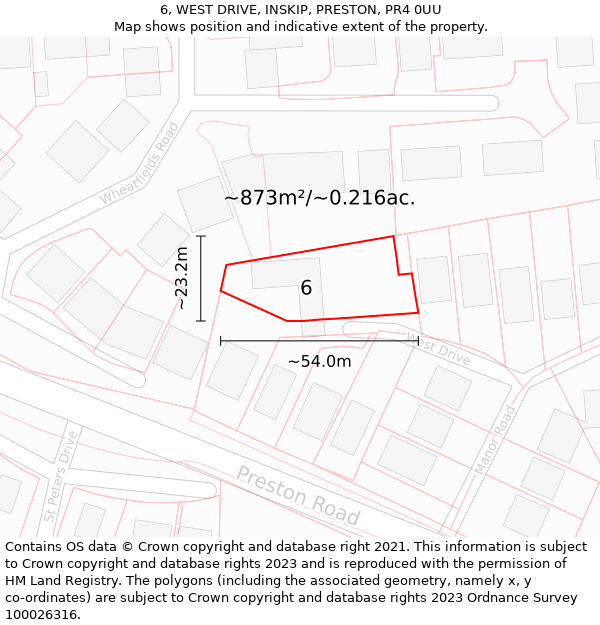 6, WEST DRIVE, INSKIP, PRESTON, PR4 0UU: Plot and title map