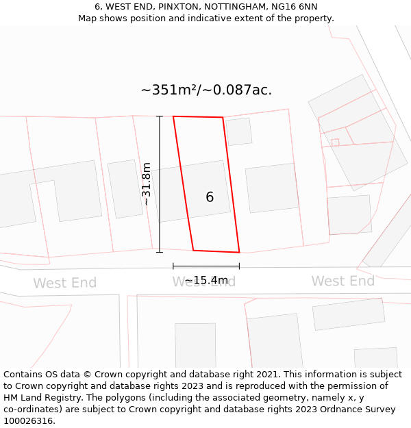 6, WEST END, PINXTON, NOTTINGHAM, NG16 6NN: Plot and title map